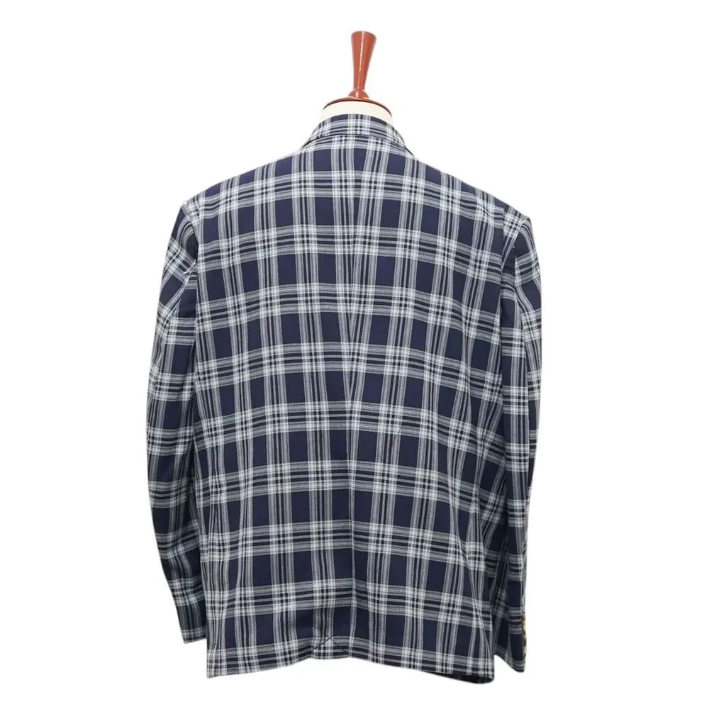 Mens 48R Navy Blue Green Plaid Cotton Blazer 2 Button Sport Coat Wedding Formal